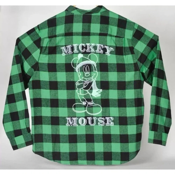 Disney Mickey Mouse‎ Button-Up Shirt womens large Green Plaid Flannel #31 - Picture 2 of 2